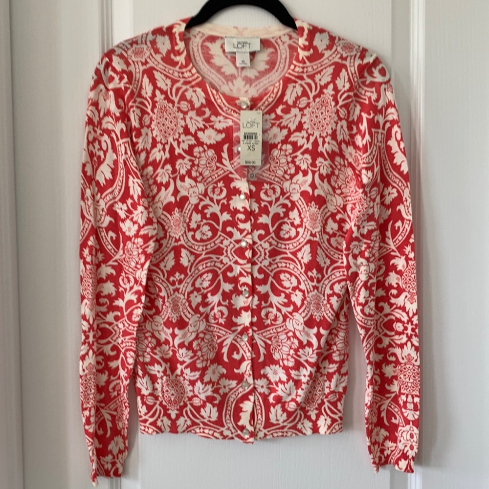 NWT LOFT Red/White Floral Print 100% Pima Cotton Cardigan Sweater Size XS
